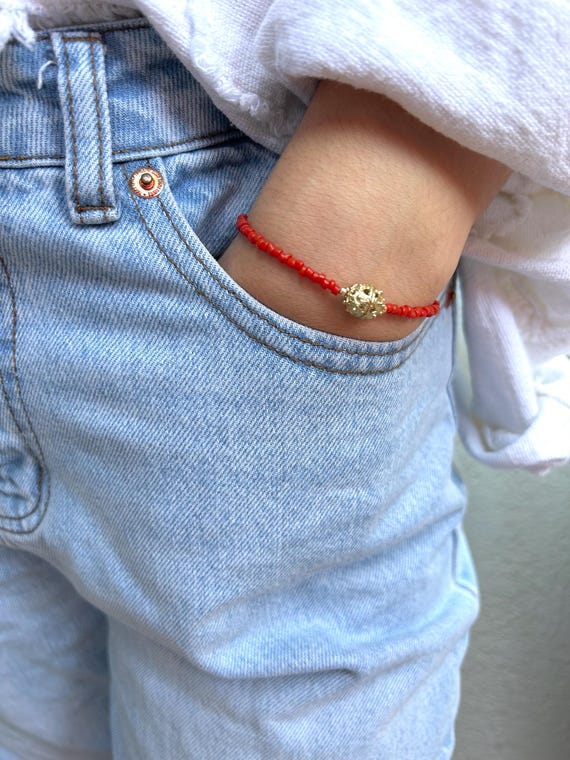 Traditional Croatian Mediterranean Red Coral Bracelet with Gold Plated Ball, Sibenik jewelry