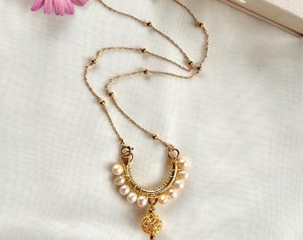 Traditional Croatian Filigree Pendant Necklace: Gold-Plated Brass, Real Freshwater Pearls