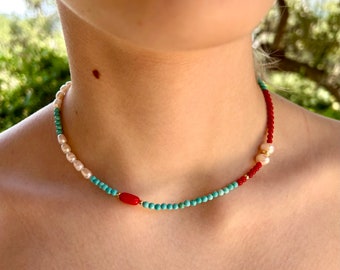Autentica collana di corallo rosso Adriatico con turchesi e perle d'acqua dolce, collana di dichiarazione, collana di pietre preziose, pietra semipreziosa