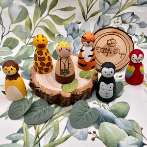 Animal peg dolls, safari peg dolls, wooden peg dolls, wooden animal toys, small world play, eyfs toys, lion peg doll, Tilly’s Pegs