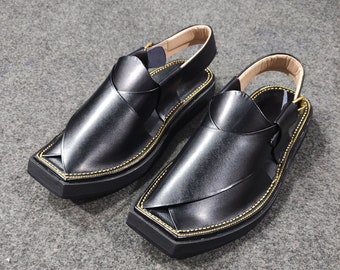 Handmade Black Leather Peshawari Chappal, Kaptaan Sandal