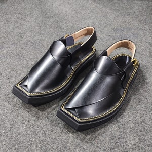 Handmade Black Leather Peshawari Chappal, Kaptaan Sandal
