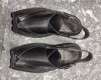 Handmade Kaptan Peshawari Chappal, Black Leather Sandal