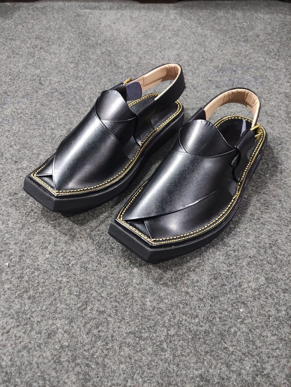 Traditional Black Peshawari Chappal, Handcrafted Leather Chappal, Black Sandals Amazon.com | Handmade Peshawari Chappal, Shinny Black  main image 4