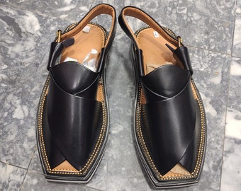 Handmade Black Leather Peshawari Chappal Sandals