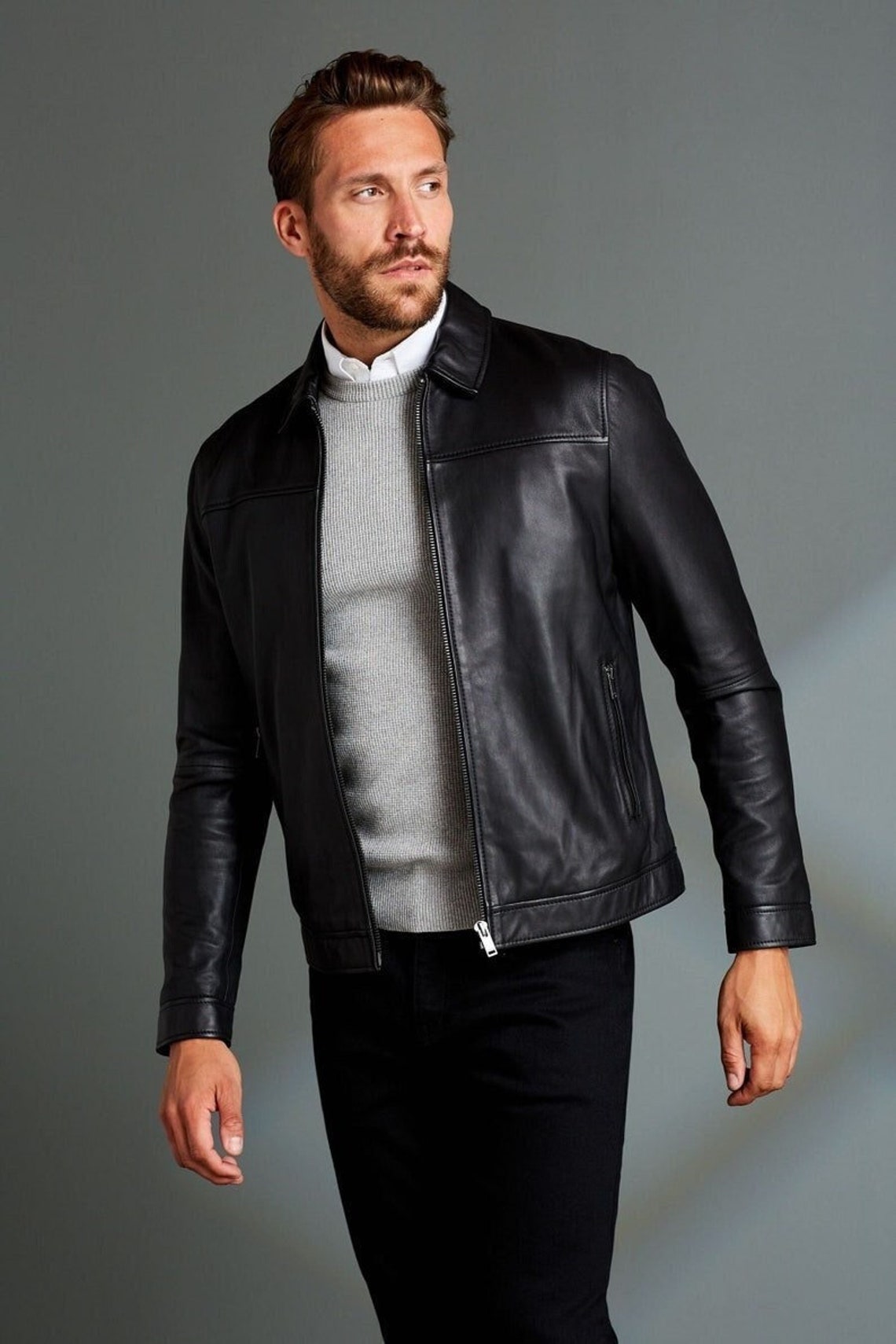 Black/brown Leather Racer Jacket. Leather Jacket Men, Men's Leather ...