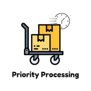 Op de afbeelding: Een zwarte en grijze handkar met drie dozen erop. De dozen zijn geel en bruin met een wit label. Een klok met een witte wijzerplaat en zwarte wijzers bevindt zich boven de dozen met een witte lijn die van de klok naar de dozen loopt. De tekst "Prioriteit Verwerking" staat onder de handkar.