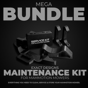 May include: A black "MEGA BUNDLE" of maintenance kit parts for Mammotion mowers. The kit includes various black plastic components, with the words "SERVICE KIT" and "MAINTENANCE KIT" visible. The text "EXACT DESIGNS" is also present.