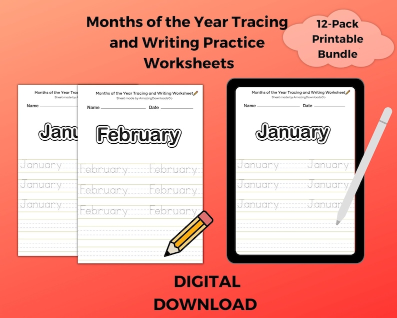 Months of the Year Tracing Worksheets Printable, Practice Handwriting