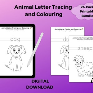 Letter Tracing & Colouring – 24 Printable Animal Activities, Children Animals and Letters Practice Worksheets, PDF file Digital Download