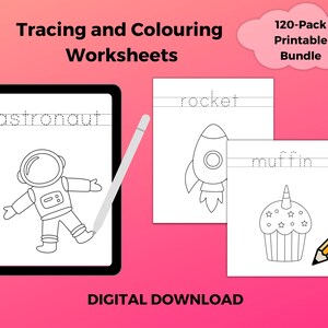 Printable Tracing and Colouring Worksheets, Simple Handwriting Template, Preschool, Kindergarten, Homeschool, Learning, Digital Download