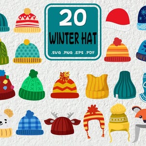 以下が含まれることがあります： さまざまな色とスタイルの20種類の冬用帽子のイラストのセット。赤と白のストライプの帽子、青と白のドットの帽子、緑と白のストライプの帽子、赤と白のサンタ帽などがあります。青いボックスに「20 Winter Hat」というテキストが表示され、その下に「SVG、PNG、EPS、PDF」という単語が表示されています。