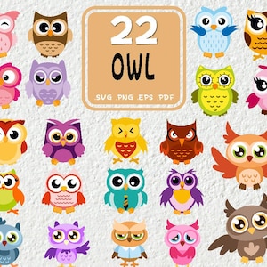 Könnte beinhalten: Ein Set mit 22 bunten Eulen-Illustrationen in verschiedenen Posen. Die Eulen sind in verschiedenen Farben, darunter rosa, lila, blau, grün, orange und braun. Der Text "22 OWL" befindet sich in einem braunen Rechteck oben im Bild. Der Text "SVG, PNG, EPS, PDF" befindet sich unter dem Rechteck.