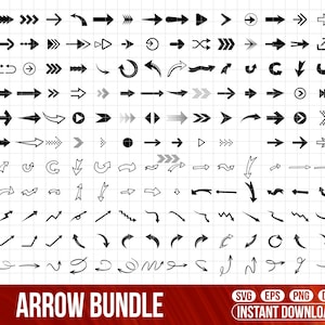 Puede incluir: Una colección de diseños de flechas negras de varios estilos sobre un fondo de cuadrícula blanca. Las flechas apuntan en diferentes direcciones y tienen diseños variados. El texto "ARROW BUNDLE" está en la parte inferior.
