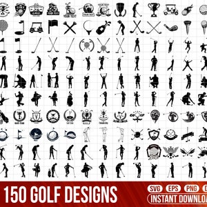 May include: A collection of 150 black and white golf-themed vector designs. The designs include golf balls, golf clubs, golf carts, golfers, and various logos. The text "150 GOLF DESIGNS" and "INSTANT DOWNLOAD" is at the bottom of the image.