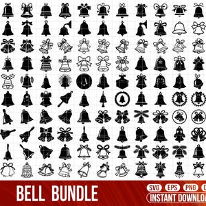 May include: A collection of black bell designs in various styles, including bells with bows, stars, and decorative elements. The text "BELL BUNDLE" is displayed at the bottom, along with file type icons.