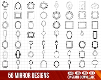 Op de afbeelding: Een set van 56 zwart-witte spiegelontwerpen. De ontwerpen omvatten verschillende vormen, maten en stijlen van spiegels, waaronder ronde, ovale, vierkante, rechthoekige en sierlijke frames. De ontwerpen zijn perfect voor gebruik in handwerk, scrapbooking of digitaal ontwerp.