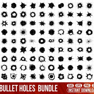 Puede incluir: Colección de gráficos de agujeros de bala negros en varias formas y tamaños. La imagen incluye una variedad de diseños circulares, en forma de estrella e irregulares, perfectos para proyectos de arte digital. El texto "BULLET HOLES BUNDLE" se muestra en la parte inferior.