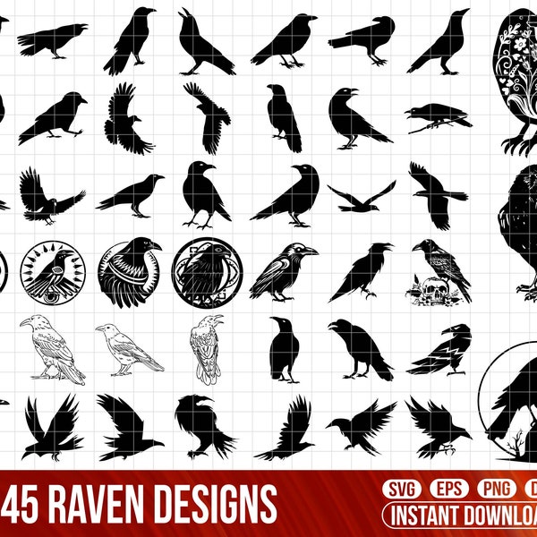 45 Raven SVG Bundle, Crow Svg, Raven PNG Bundle, Raven Clipart, Raven SVG Cut Files for Cricut, Raven Silhouette, BIrds Svg, Ravens Svg