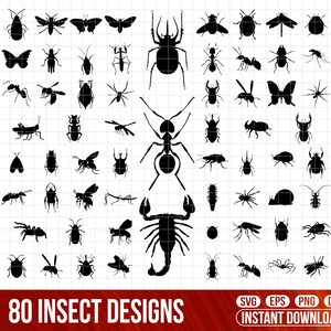 May include: A set of 80 black and white insect silhouette designs. The designs include a variety of insects, such as butterflies, beetles, ants, and spiders. The designs are perfect for use in crafts, scrapbooking, and other creative projects.
