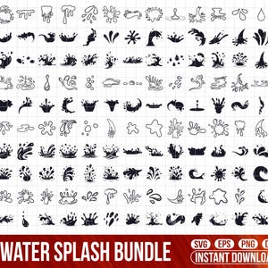 Puede incluir: Conjunto de ilustraciones de salpicaduras de agua en blanco y negro, con diversas formas. La imagen incluye el texto "WATER SPLASH BUNDLE" e iconos para formatos SVG, EPS, PNG y DFX.