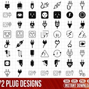 May include: A set of 72 black and white plug designs, including various shapes and styles of electrical plugs and outlets. The designs are arranged in a grid pattern on a white background with black grid lines. The text "72 PLUG DESIGNS" is at the bottom of the image in red and black text. The text "SVG EPS PNG DFX INSTANT DOWNLOAD" is at the bottom of the image in white text.