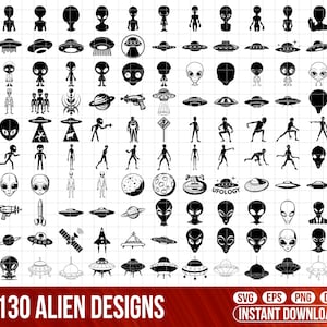 Peut inclure: Un téléchargement numérique de 130 designs d'extraterrestres en noir et blanc, comprenant des soucoupes volantes, des extraterrestres et des illustrations sur le thème de l'espace. Les designs sont parfaits pour l'artisanat, le scrapbooking et autres projets créatifs.