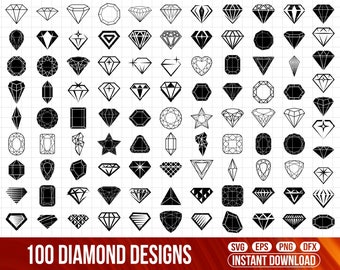 May include: A grid of 100 black and white diamond designs, showcasing diverse shapes and cuts. The image features a range of styles, from classic round to more unique forms. Text at the bottom reads "100 Diamond Designs".