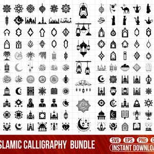 May include: A collection of black and white Islamic calligraphy designs, including mosques, lanterns, crescents, and stars. The phrase "Islamic Calligraphy Bundle" is displayed in a red banner, with file type icons below.