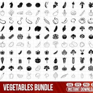 May include: A black and white digital illustration of various vegetables, including tomatoes, peppers, and onions. The text "VEGETABLES BUNDLE" is displayed at the bottom, along with file type icons.