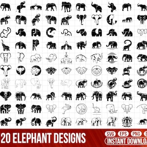 May include: A collection of 120 black and white elephant designs. The designs are in various styles, including simple outlines, detailed illustrations, and stylized silhouettes. The text "120 ELEPHANT DESIGNS" is at the bottom of the image. The text "SVG EPS PNG DFX INSTANT DOWNLOAD" is at the bottom of the image.