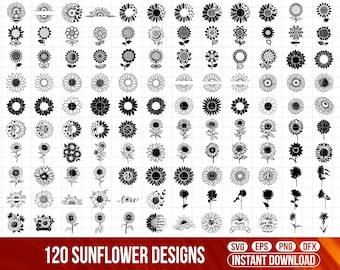 Paquete SVG de girasol, monograma de girasol SVG, girasol PNG, archivo de corte de girasol, clipart de girasol, archivo SVG de silueta de girasol para Cricut
