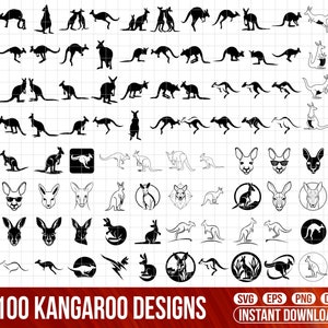 May include: A collection of 100 kangaroo designs in various poses and styles, presented in black and white. The image includes kangaroo silhouettes, faces, and circular designs. Text at the bottom reads "100 KANGAROO DESIGNS" with file type icons.