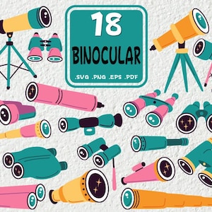 Könnte beinhalten: Eine Illustration mit 18 verschiedenen Ferngläsern und Teleskopen in verschiedenen Farben, darunter Gelb, Rosa und Türkis. Das Bild enthält den Text "18 BINOCULAR" in Weiß auf türkisfarbenem Hintergrund sowie Dateityp-Indikatoren.