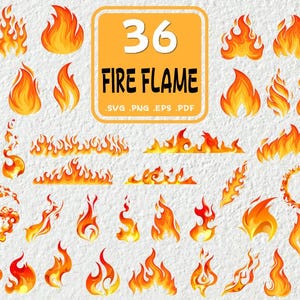 Könnte beinhalten: Ein Set mit 36 Feuerflammen-Illustrationen in verschiedenen Formen und Größen. Die Flammen sind im Cartoon-Stil mit orange, gelben und roten Farben gezeichnet. Der Text "36 FIRE FLAME" ist oben im Bild in Fettdruck geschrieben. Der Text "SVG, PNG, EPS, PDF" steht unter dem Titel.