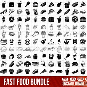 Könnte beinhalten: Schwarz-Weiß-Illustrationen verschiedener Fast-Food-Artikel, darunter Burger, Pommes Frites, Pizzastücke und Eiswaffeln. Die Worte "FAST FOOD BUNDLE" werden in einem roten Banner unten angezeigt.