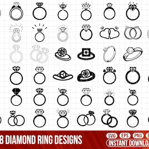 Op de afbeelding: Een verzameling van 48 diamantringontwerpen in zwart en wit. De ringen tonen verschillende diamantvormen en -zettingen, waaronder solitaire, halo en dubbele bandstijlen. De afbeelding bevat de tekst "48 Diamond Ring Designs".