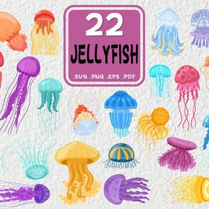 May include: A set of 22 colorful jellyfish illustrations in various poses and colors. The illustrations are in a cartoon style and are perfect for use in digital or printed projects.