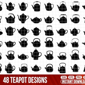 May include: A set of 48 black and white teapot silhouette designs. The teapots are in various shapes and sizes, with some having handles and some having spouts.