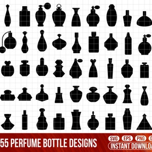 May include: A set of 55 black and white silhouette designs of perfume bottles. The designs are in various shapes and sizes. The text "55 PERFUME BOTTLE DESIGNS" is at the bottom of the image. The text "SVG EPS PNG DFX INSTANT DOWNLOAD" is at the bottom right of the image.