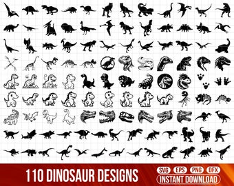 May include: A collection of 110 dinosaur designs in black and white. The designs include various dinosaur silhouettes, cartoon dinosaurs, and dinosaur-related graphics. The text "110 DINOSAUR DESIGNS" is at the bottom, with file type icons.
