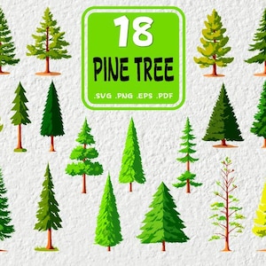 May include: A set of 18 digital illustrations of pine trees in various shades of green. The illustrations are in a cartoon style and are perfect for use in digital projects.