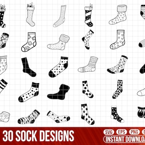 Pode incluir: 30 desenhos de meias em preto e branco com vários padrões, incluindo bolinhas, listras, corações e estrelas. O texto "30 SOCK DESIGNS" está na parte inferior da imagem. O texto "SVG EPS PNG DFX INSTANT DOWNLOAD" está na parte inferior da imagem.