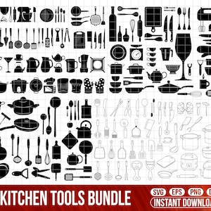 Pode incluir: Uma coleção de utensílios de cozinha em preto e branco, incluindo panelas, frigideiras, utensílios e eletrodomésticos. A imagem apresenta vários itens essenciais de cozinha, como facas, batedores e xícaras de medição. O texto "KITCHEN TOOLS BUNDLE" está na parte inferior.