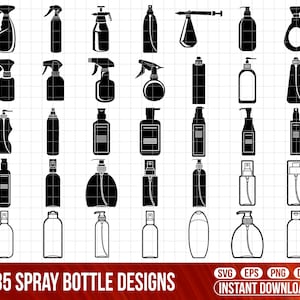 May include: A collection of 35 spray bottle designs in black and white, including trigger sprayers, pump bottles, and other container styles. The text "35 SPRAY BOTTLE DESIGNS" is displayed at the bottom, along with file type icons.