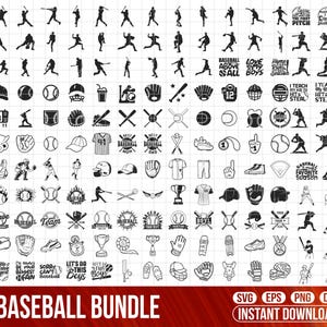 Puede incluir: Una colección de gráficos con temática de béisbol en blanco y negro. La imagen incluye siluetas de jugadores de béisbol, equipamiento y elementos de texto como "Baseball Bundle" y "Instant Download".