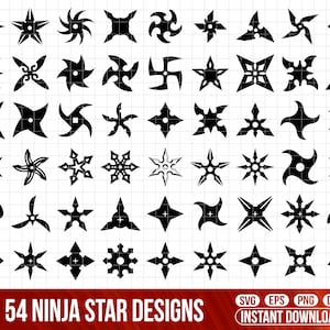 May include: A set of 54 black and white ninja star designs. The designs are in a variety of shapes and sizes. The text "54 Ninja Star Designs" is at the bottom of the image. The text "SVG EPS PNG DFX INSTANT DOWNLOAD" is at the bottom of the image.