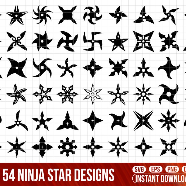 Ensemble Ninja Star SVG, 54 modèles Shuriken (téléchargement numérique)
