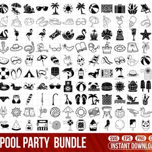 May include: Black and white line art illustrations of summer and pool party themed items. Includes a beach umbrella, sunglasses, a camera, a flamingo, a beach chair, a volleyball, and the text "POOL PARTY BUNDLE".
