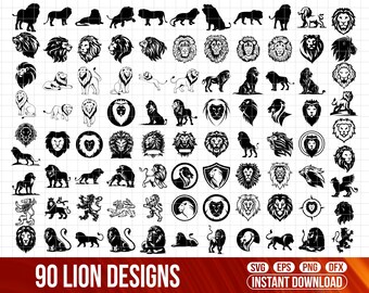 90 Lion Designs SVG Bundle, Lion Clipart (Digital Files)